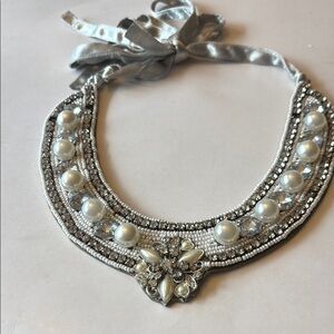 Elegant Silver rhinestone and Pearl Necklace with silver satin bow